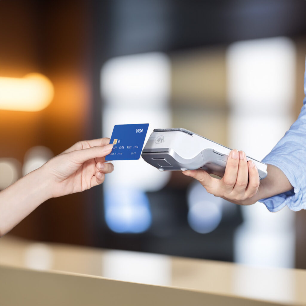 Man’s hand making a contactless payment with a credit card or smartphone, showcasing digital payment technology.