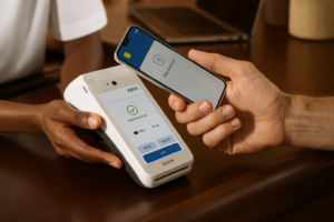 Person making contactless payment using provider selected through compare card payment providers analysis